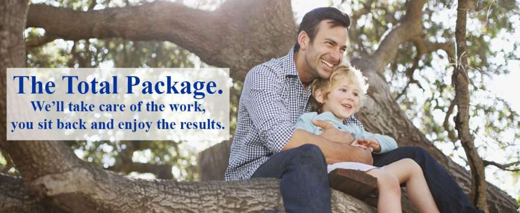Father and son hugging in tree