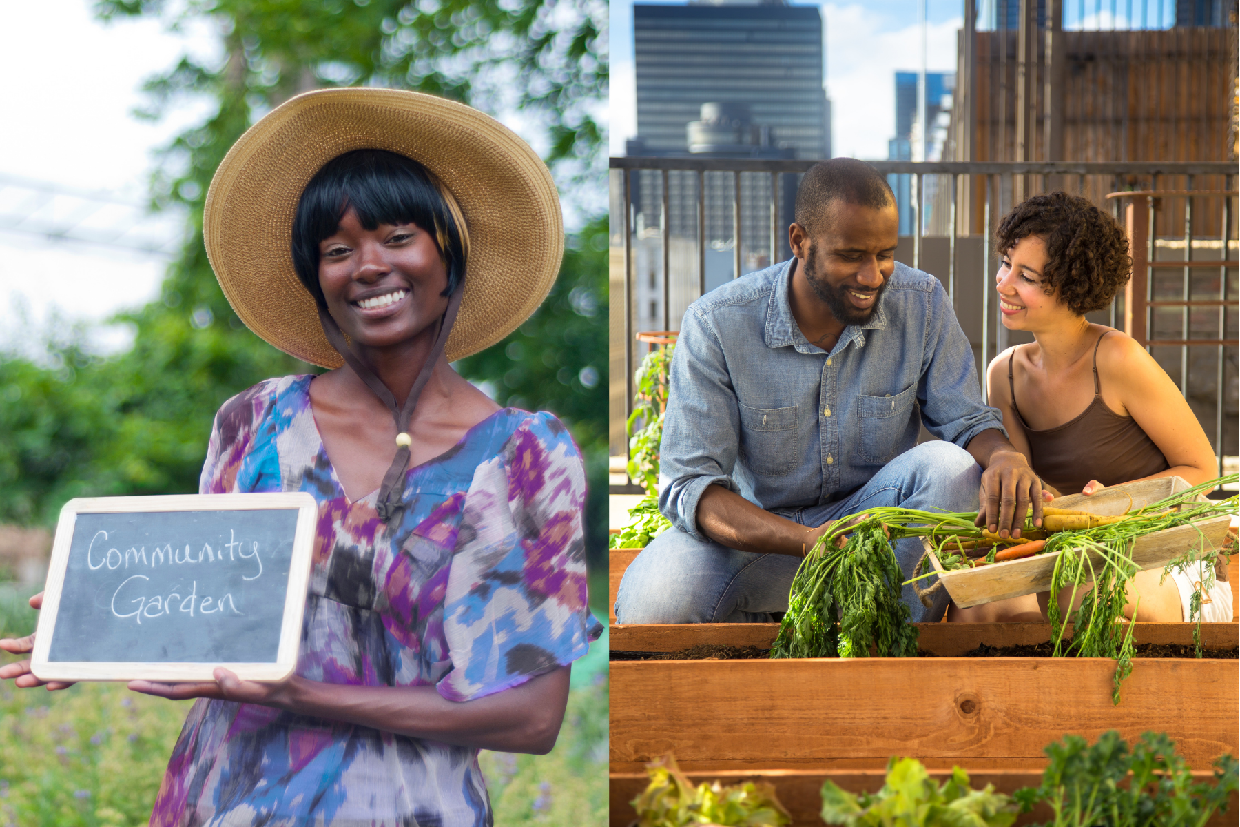 Side by side images. Left photo depicts a black woman smiling and holding a sign that says "community garden". On the right is a black couple sitting in front of an urban garden with vegetables in their hands.