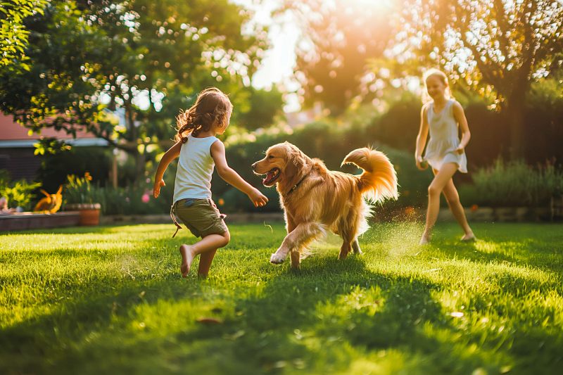 kids playing outside a home with a dog