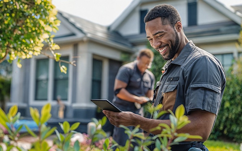 tree care professional at a residential home inspecting