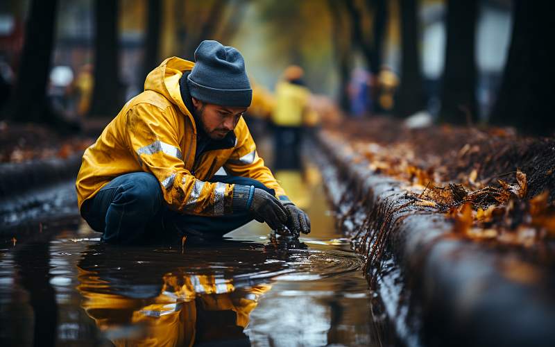 tree care professional inspecting drains