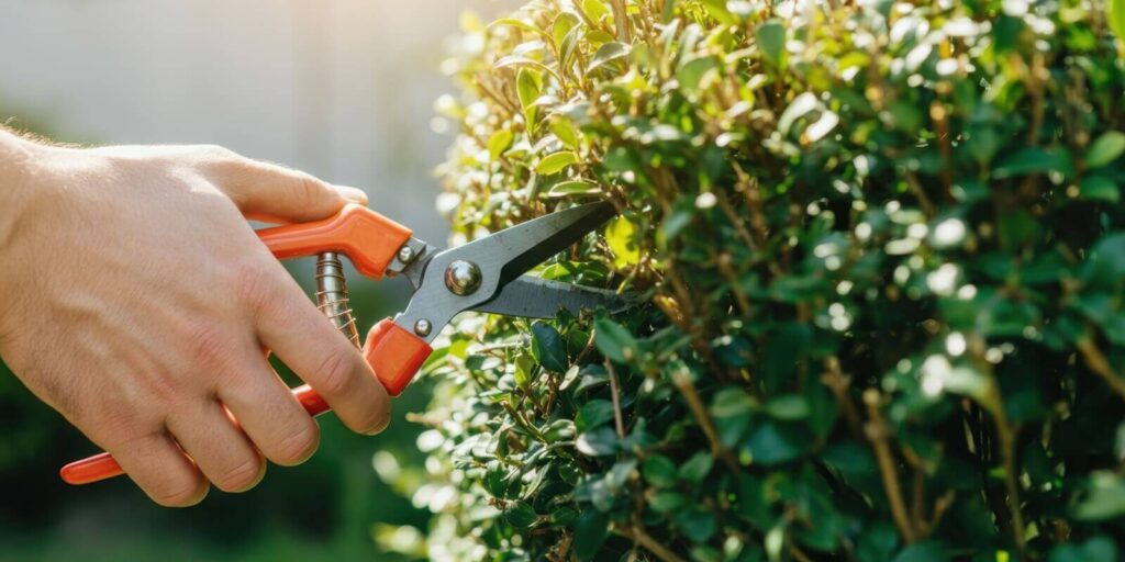 close-up of pruning shears trimming green hedge in garden on sunny day
