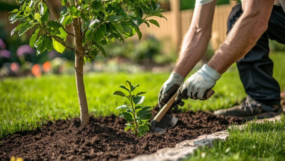 landscaper uses a shovel to plant a young tree in a colorful garden