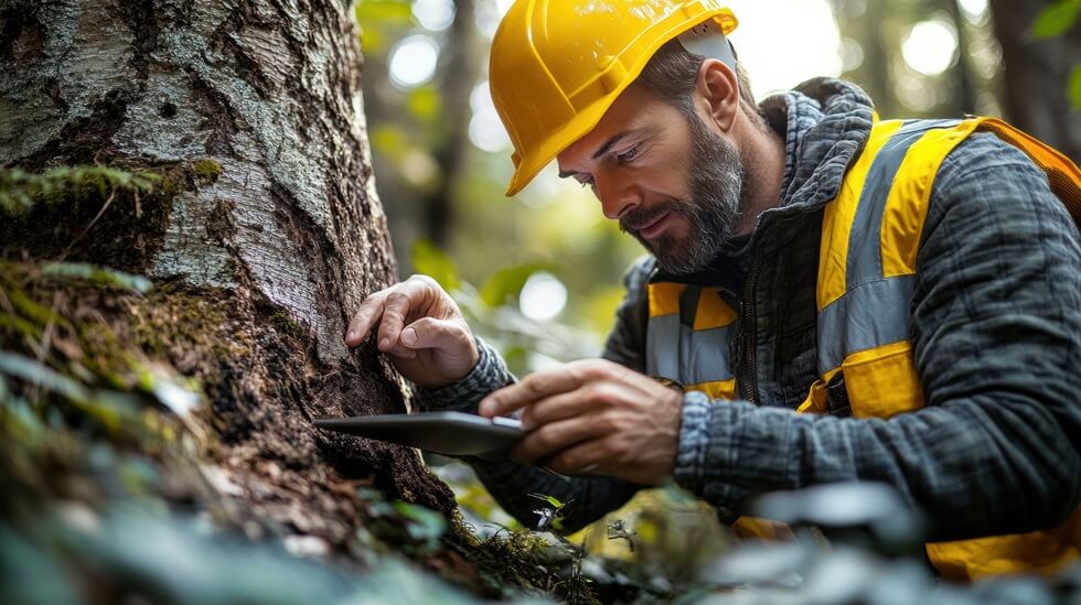 forester in forest studying trees using digital tablet for forestry research, plant health care and data collection