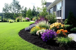 plant health care example of a lush green lawn with vibrant flower bed and mulch bordering a house