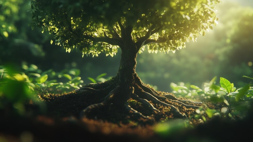 lush green tree with exposed roots in sunlight after plant health care