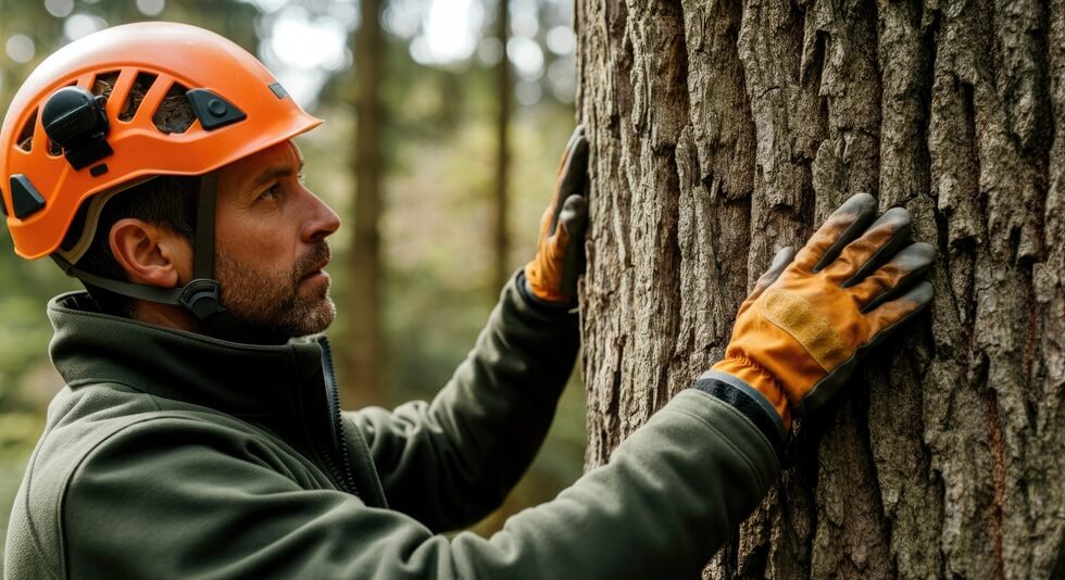 man wearing helmet examining tree trunk in forests