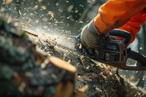 professionals cutting a tree near a building