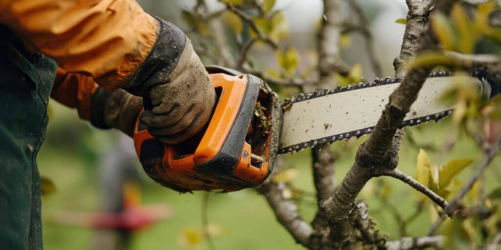 landscaper trimming tree branches with a chainsaw