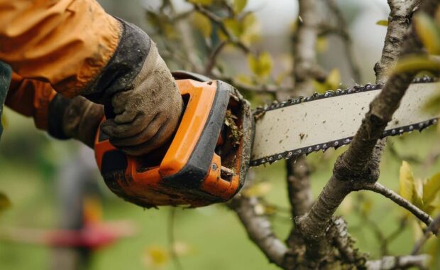 landscaper trimming tree branches with a chainsaw
