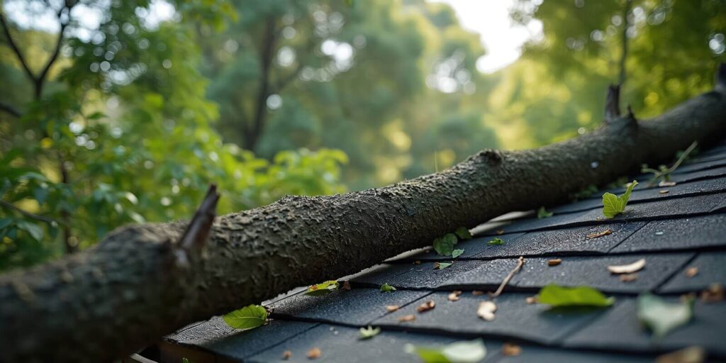 large tree branch fallen on residential roof