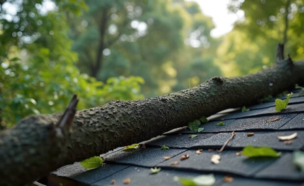 large tree branch fallen on residential roof