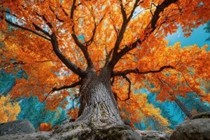 looking up at a towering tree with orange leaves in an autumn forest during the day