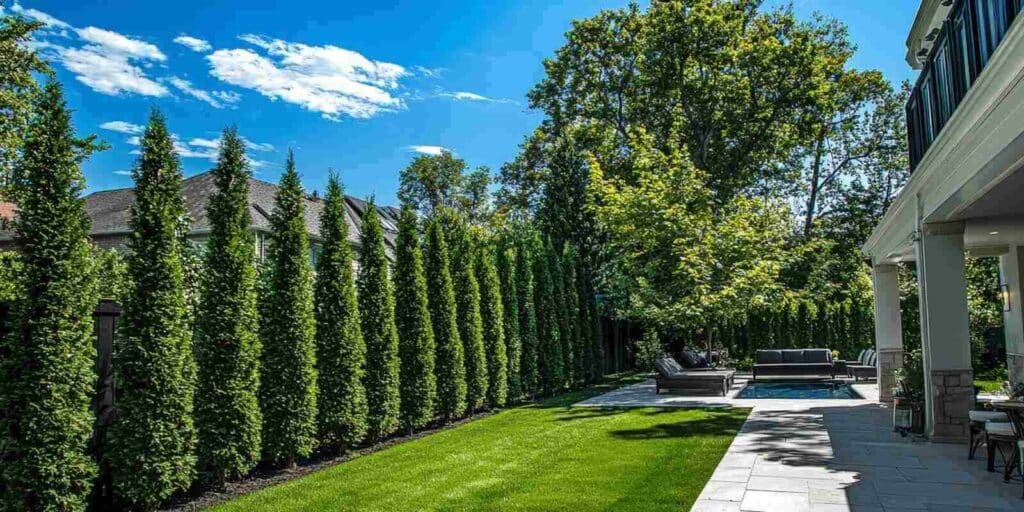 neat row of lush arborvitae trees serves as a natural privacy screen in a tranquil suburban backyard