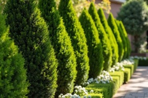 neatly trimmed evergreen trees in a landscaped garden