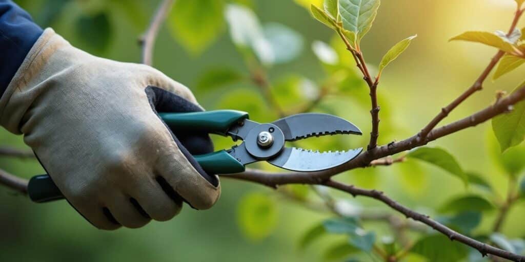 gardener in protective gloves uses sharp pruning shears to trim tree branch