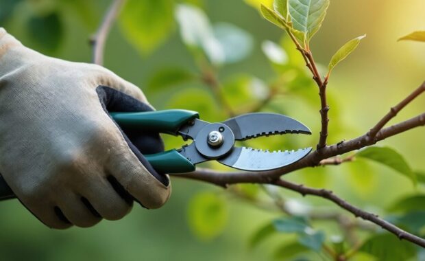 gardener in protective gloves uses sharp pruning shears to trim tree branch