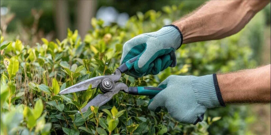 gloved hand carefully clips vibrant green shrubs with sharp pruning shears