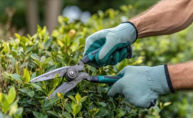 gloved hand carefully clips vibrant green shrubs with sharp pruning shears