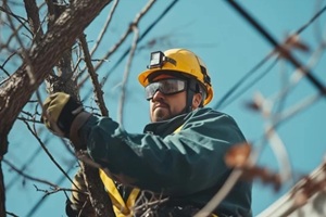 utility worker wearing yellow hard hat and safety glasses trimming tree branches near power lines outdoors