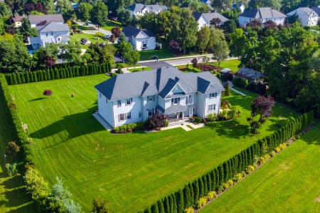 Extravagant house surrounded by trees and a landscaped yard