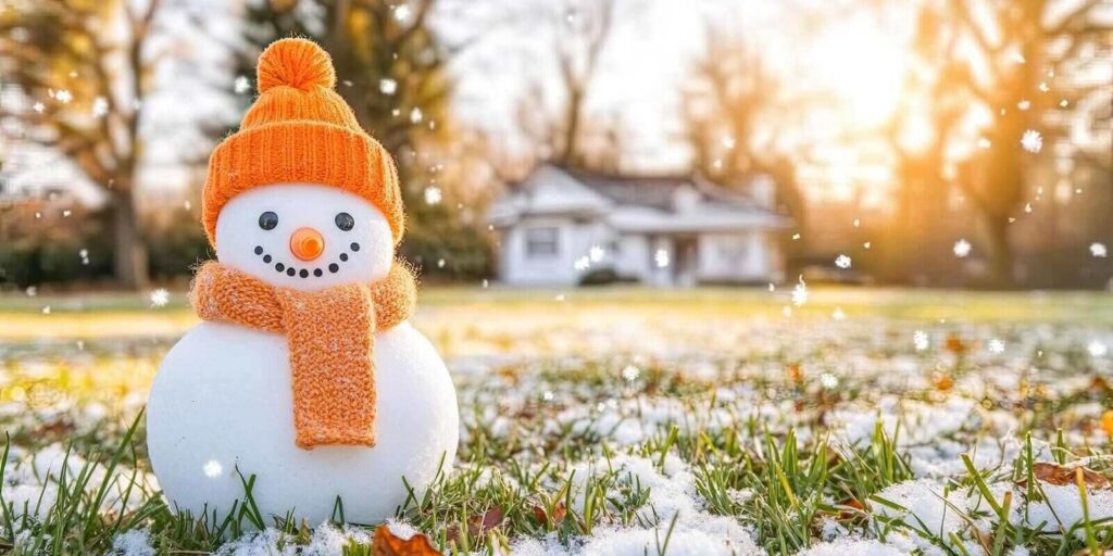 cheerful snowman with an orange hat and scarf stands on a lawn covered in snow and fallen leaves with a house in the background