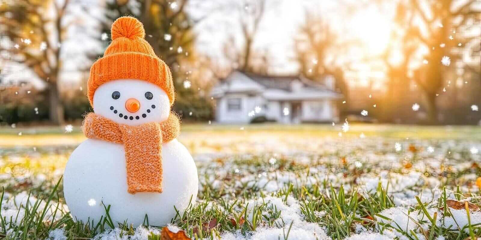 cheerful snowman with an orange hat and scarf stands on a lawn covered in snow and fallen leaves with a house in the background
