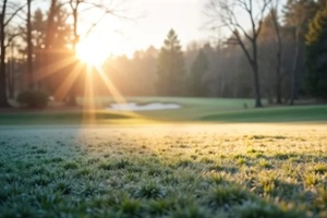 frosty grass lawn at golf course in winter morning