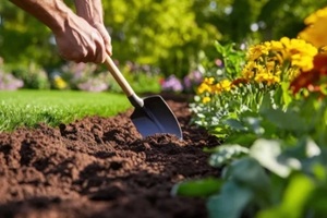 gardener digging soil in garden bed with spade next to flowers