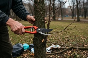 man pruning a tree in a park