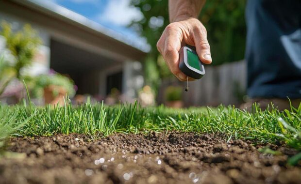 measuring moisture levels in garden soil to ensure healthy plant growth
