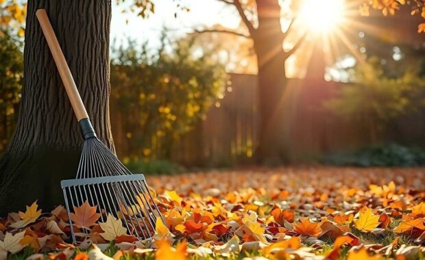 autumn garden with fallen leaves and a rake leaning against a tree