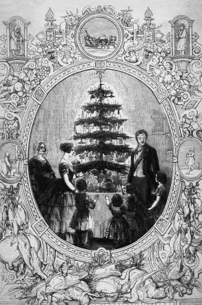Evergreen Christmas Tree History, sketch of Queen Victoria and Prince Albert 