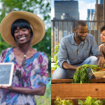 Side by side images. Left photo depicts a black woman smiling and holding a sign that says "community garden". On the right is a black couple sitting in front of an urban garden with vegetables in their hands.